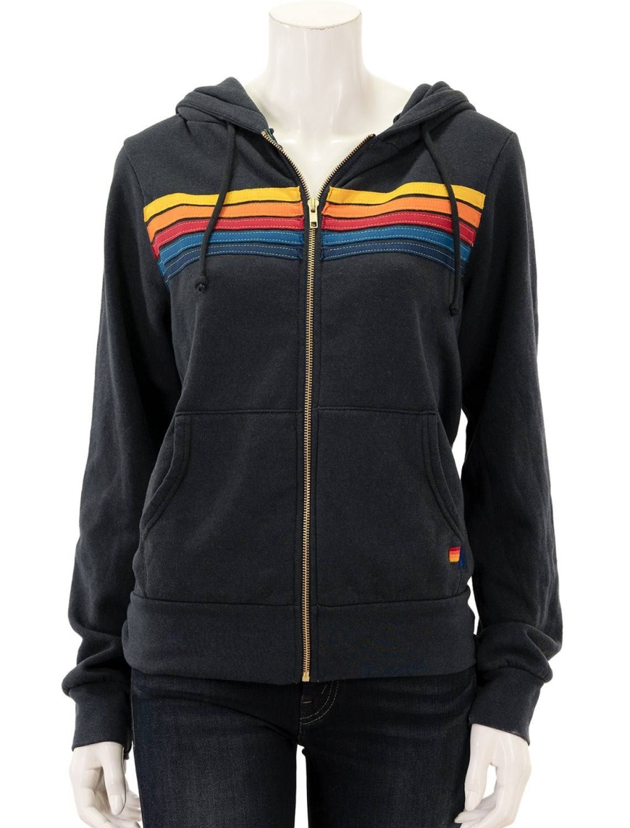 New 5 Stripe Zip Hoodie In Charcoal Lounge Tops + Sweatshirts