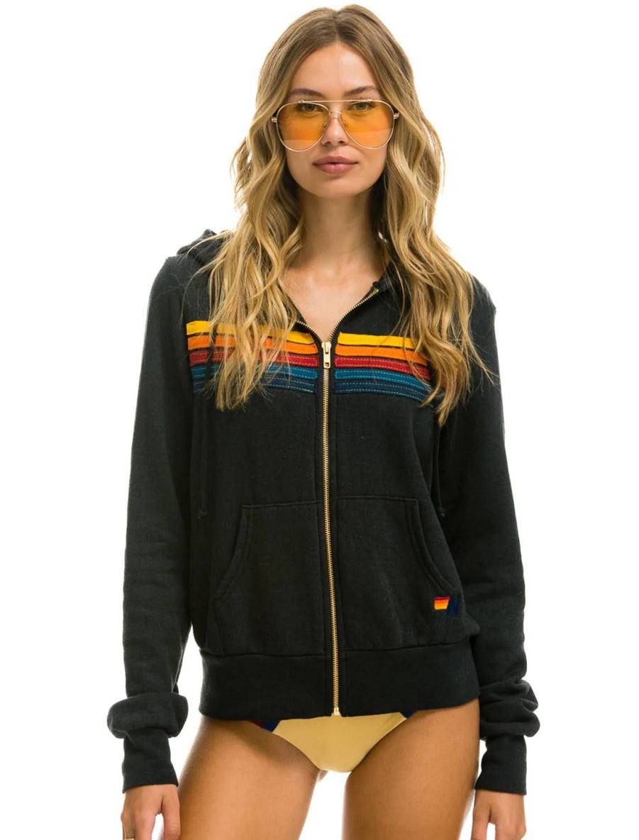 New 5 Stripe Zip Hoodie In Charcoal Lounge Tops + Sweatshirts