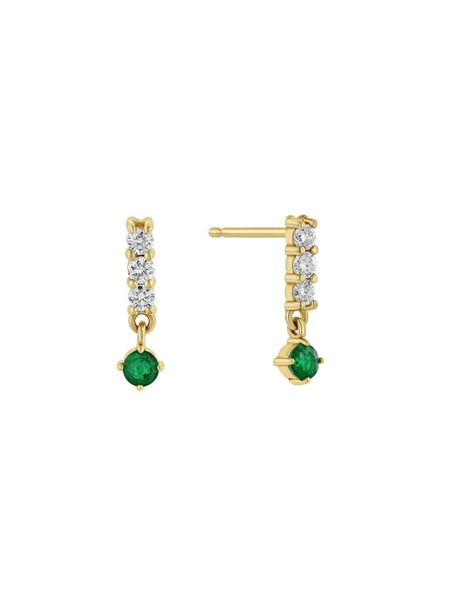 Hot 14K Diamond Bar Earrings With Emerald Drops Studs