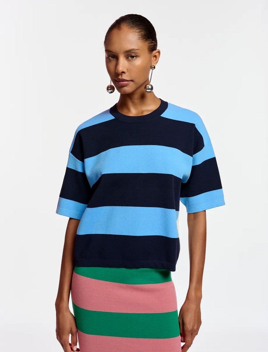 Online Fire Striped Knit Top In Navy Tees