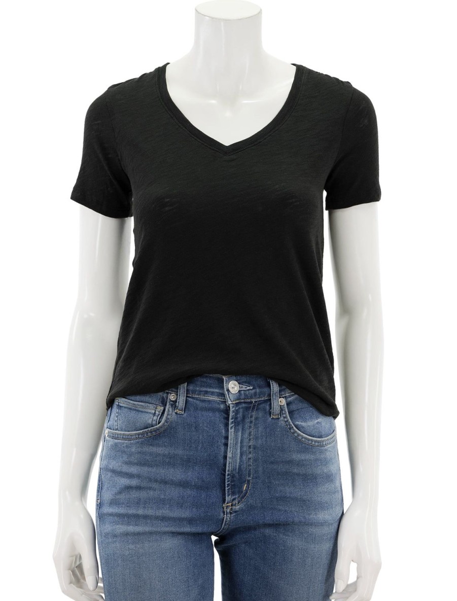 Wholesale Slub V-Neck Tee In Black Lounge Tops + Sweatshirts