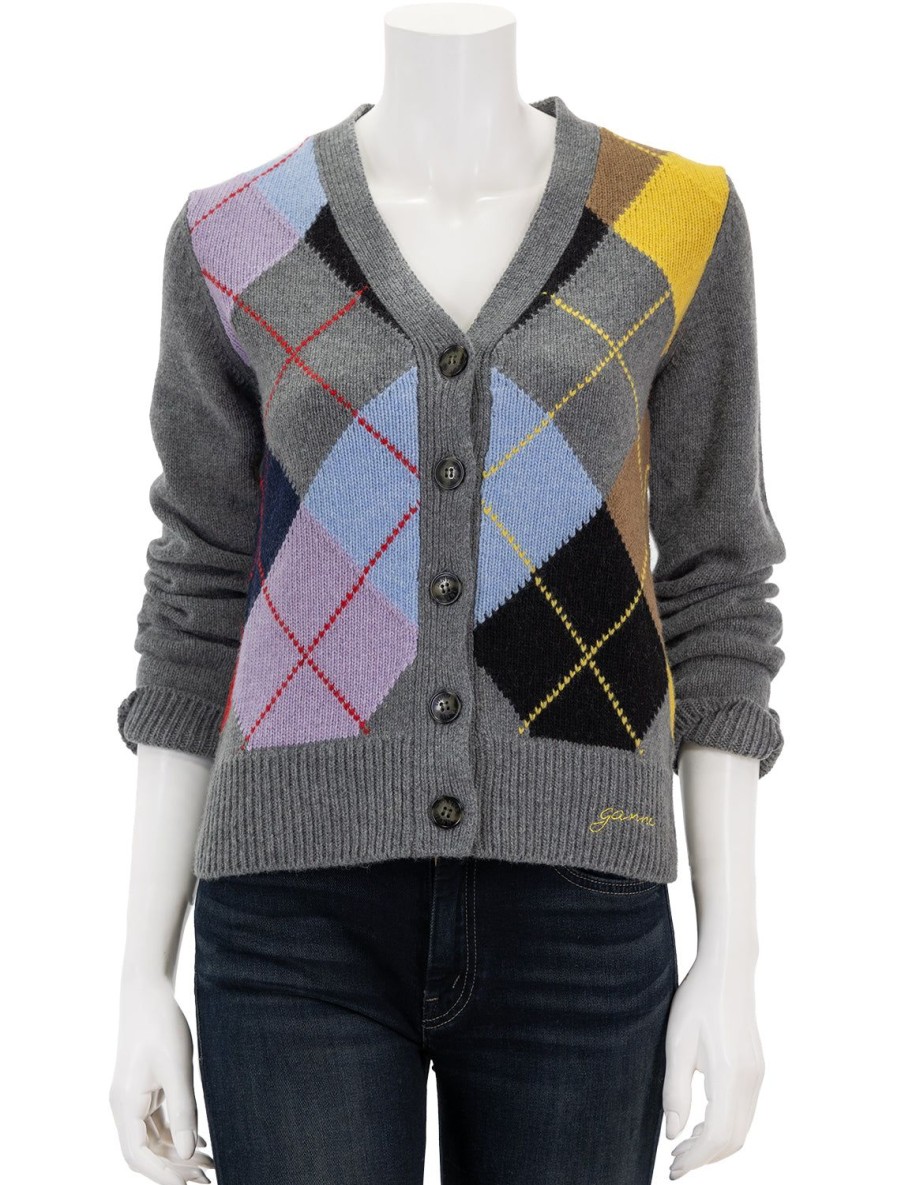 New Harlequin Wool Cardigan In Frost Grey Cardigans