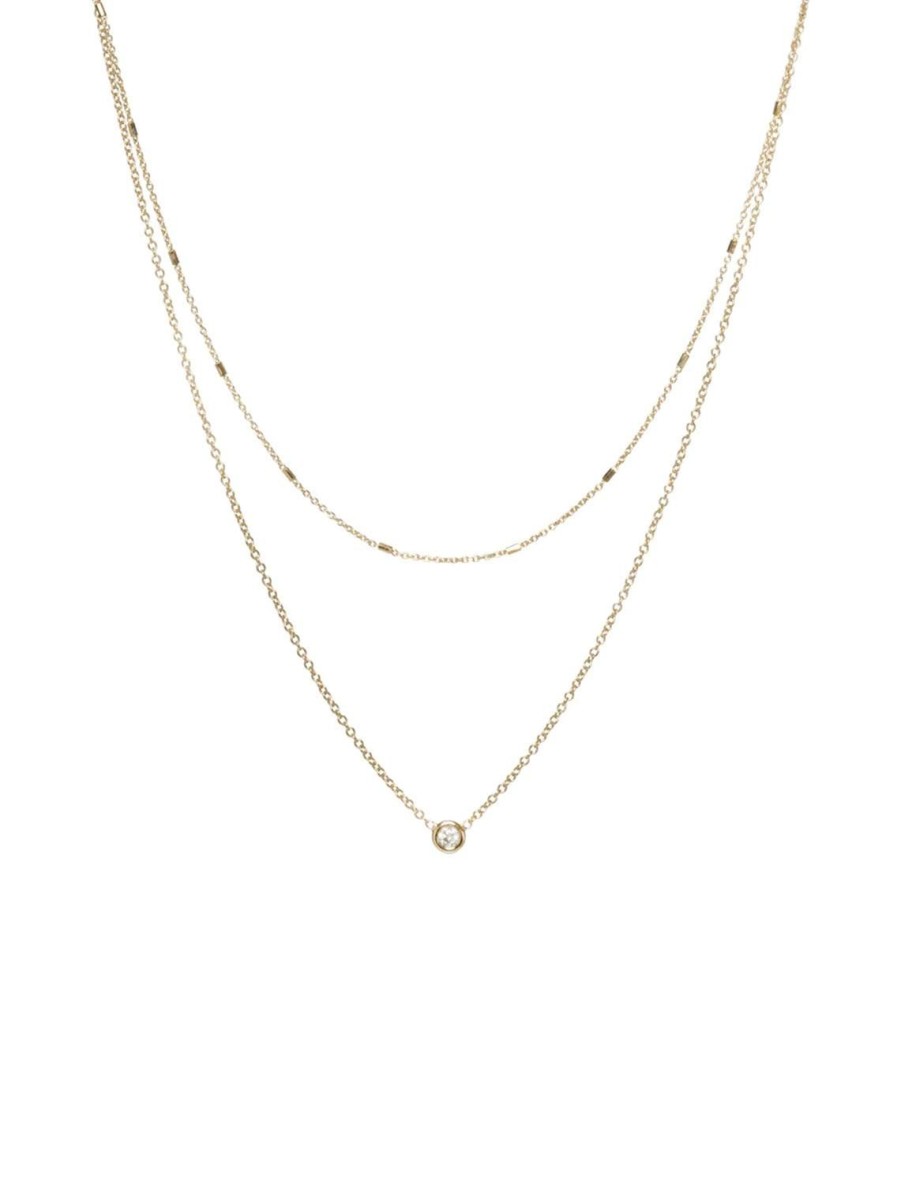 Clearance 14K Tiny Bar Chain And Diamond Pendant Double Chain Necklace Delicate