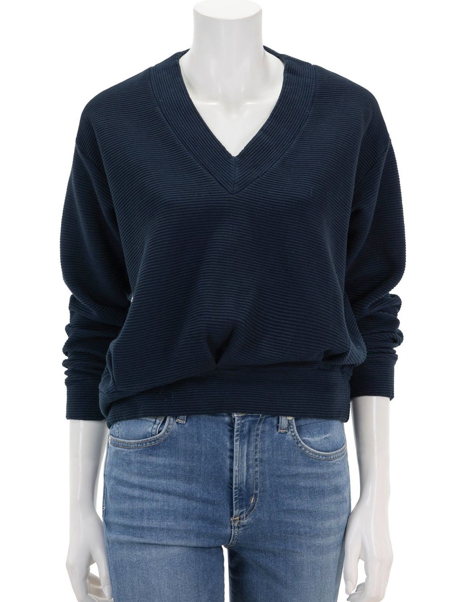 Online Horizontal Rib V-Neck Pullover In New Navy Lounge Tops + Sweatshirts