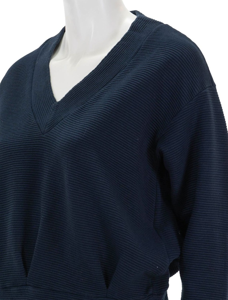 Online Horizontal Rib V-Neck Pullover In New Navy Lounge Tops + Sweatshirts