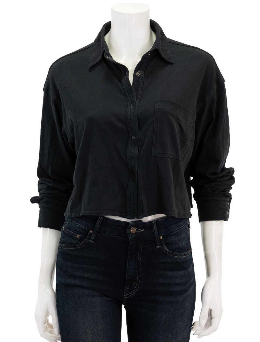 Wholesale Crop Knit Shirt In Stone Black Tees