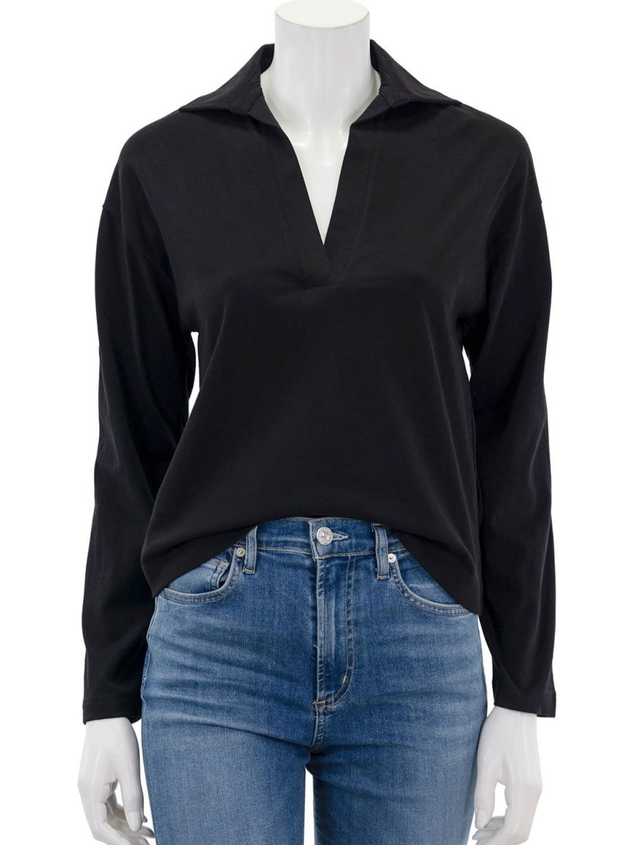 Clearance Easy Long Sleeve Polo In Black Lounge Tops + Sweatshirts