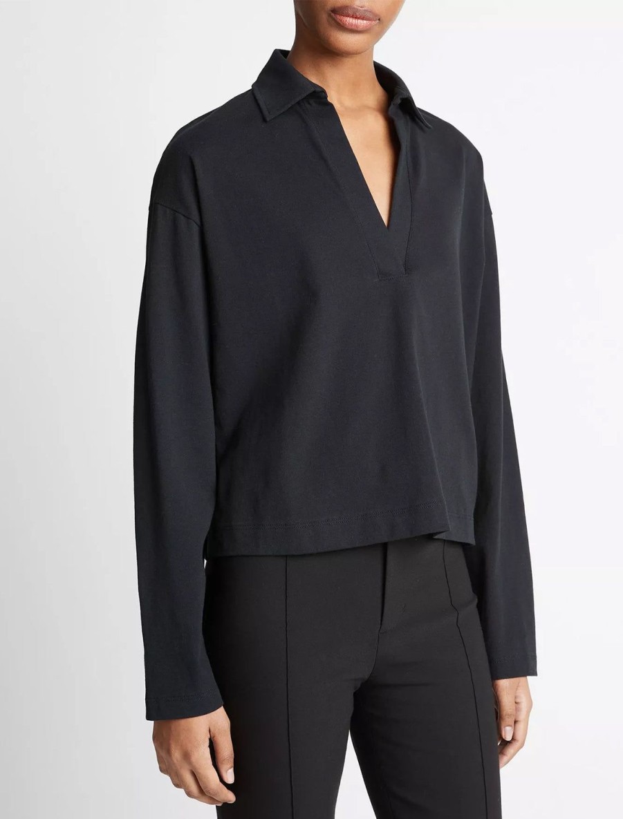 Clearance Easy Long Sleeve Polo In Black Lounge Tops + Sweatshirts