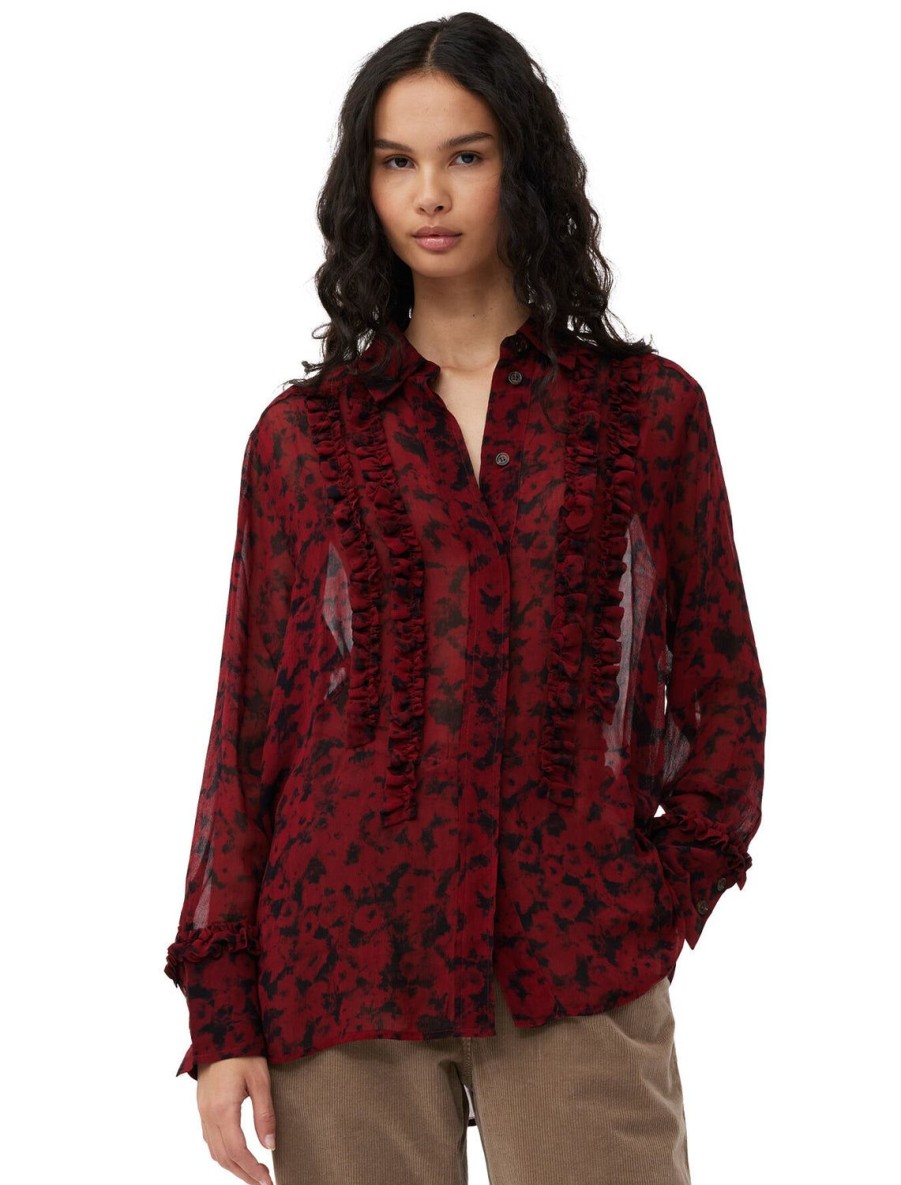 Best Georgette Ruffle Shirt In Syrah Blouses