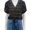 New Eyelet Drawstring Dolman V Neck Top In Black Blouses