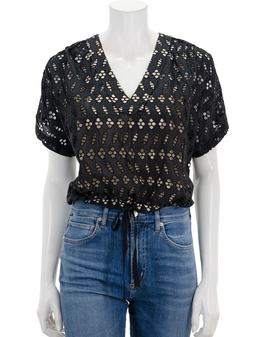 New Eyelet Drawstring Dolman V Neck Top In Black Blouses