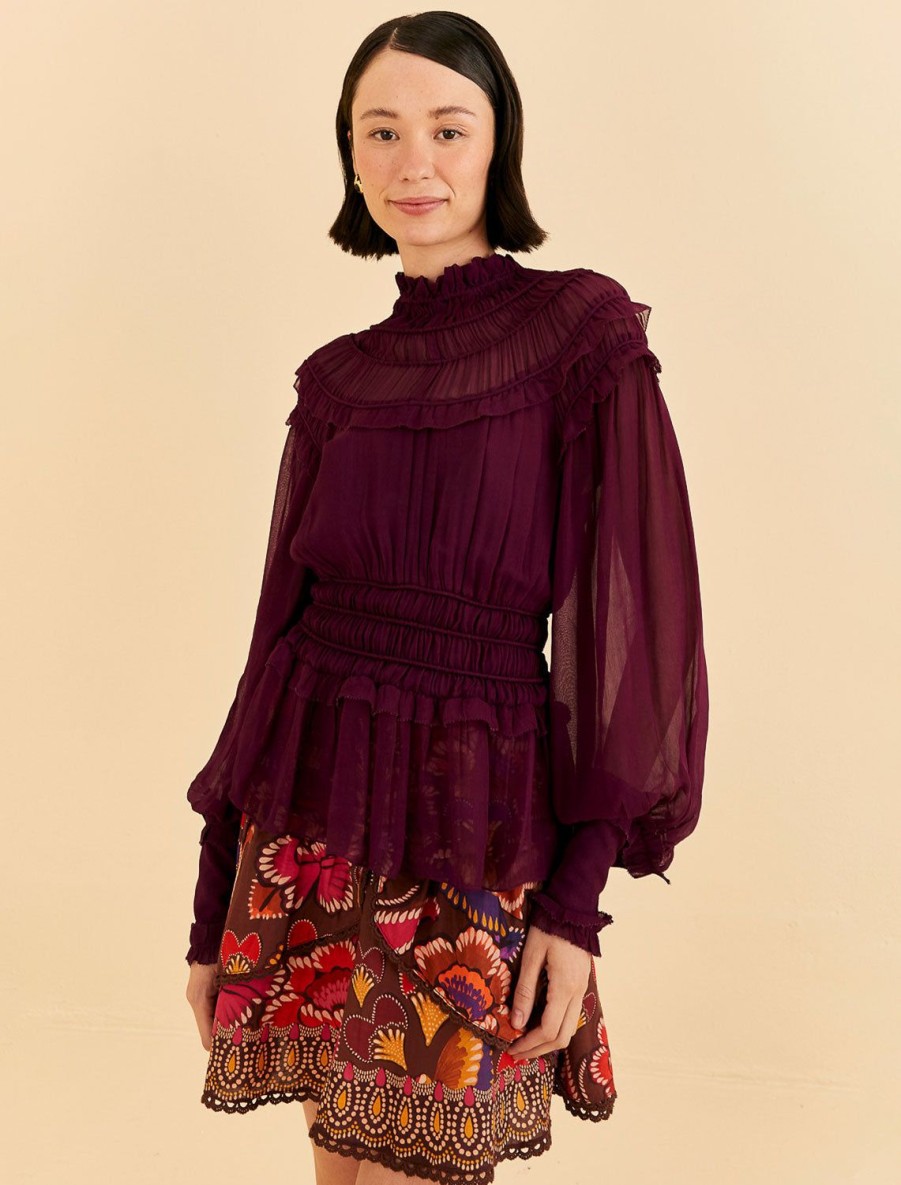 Wholesale Burgundy Ruffled Blouse Blouses