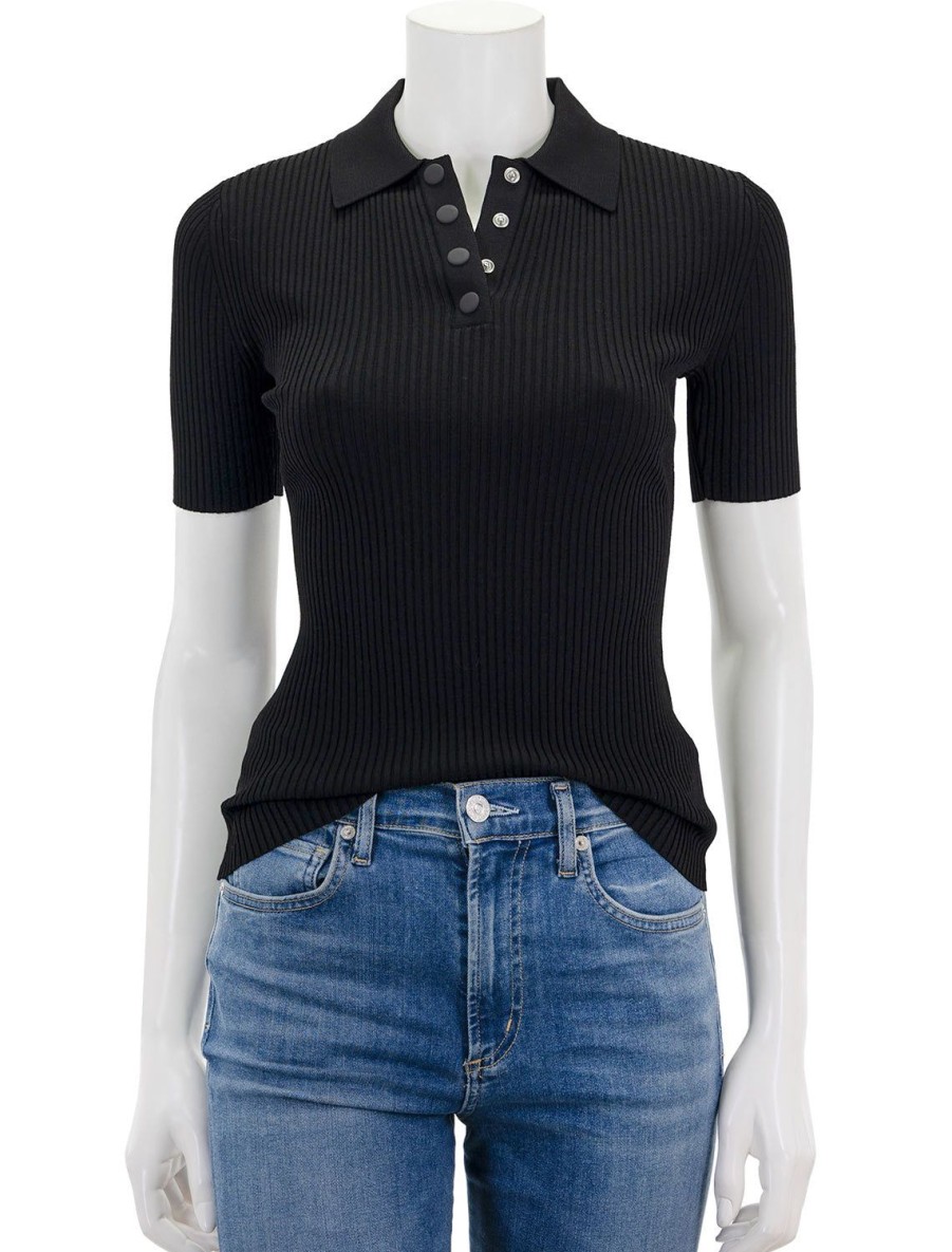 Hot Rib Polo Compact Top In Black Pullover Sweaters