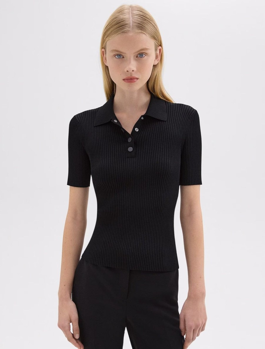 Hot Rib Polo Compact Top In Black Pullover Sweaters