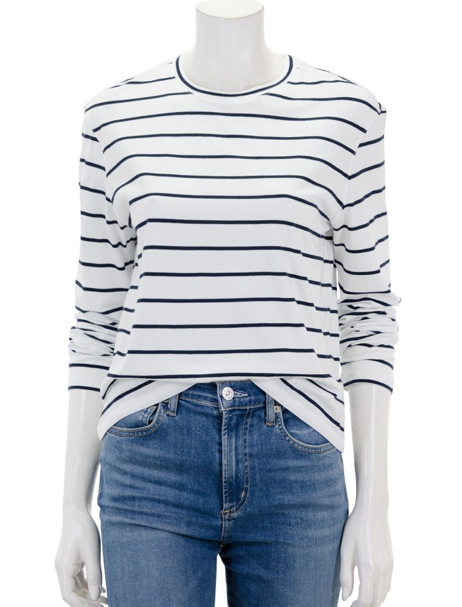 Best Long Sleeve Organic Cotton Stripe Boyfriend Crew In White Tees