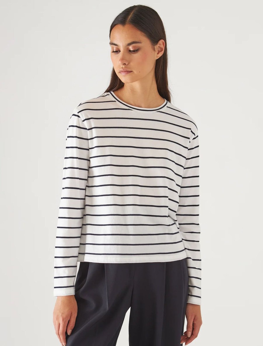 Best Long Sleeve Organic Cotton Stripe Boyfriend Crew In White Tees