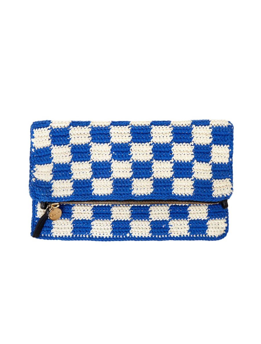 Online Foldover Clutch With Tabs In Cobalt And Cream Crochet Checker Crossbody