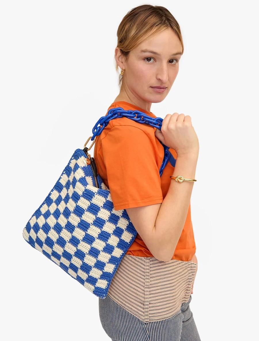 Online Foldover Clutch With Tabs In Cobalt And Cream Crochet Checker Crossbody