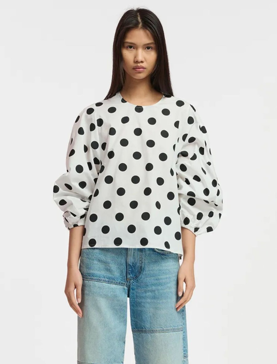 Hot Fake Balloon Sleeve Top In Bright Sky Polka Dot Blouses