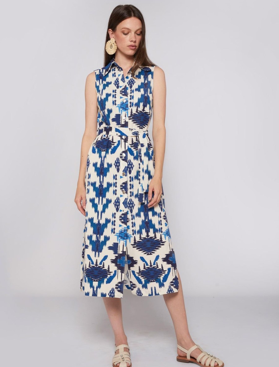 Clearance Livia Dress In Blue Ikat Printed Dresses