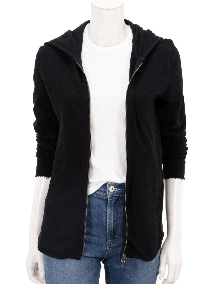 Wholesale French Terry Zip-Up Hoodie In Black Lounge Tops + Sweatshirts