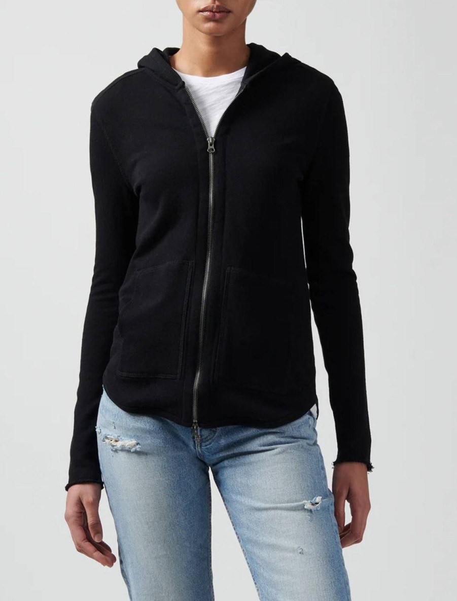 Wholesale French Terry Zip-Up Hoodie In Black Lounge Tops + Sweatshirts