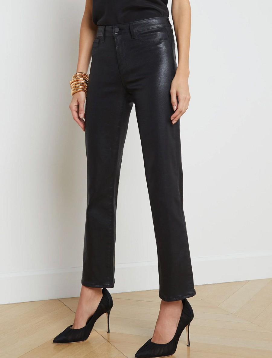 Online Ginny High Rise Straight In Noir Coated With Back Zip Pants