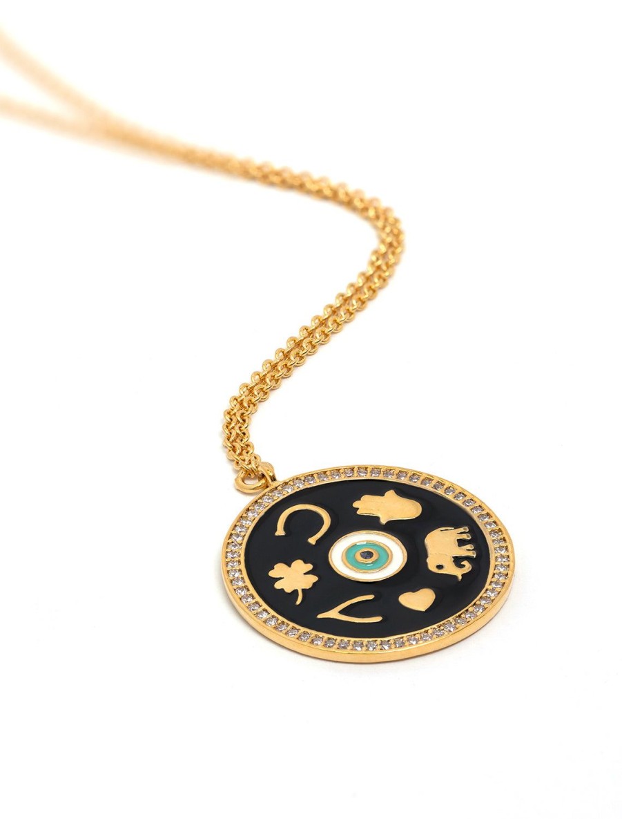 Clearance Black Enamel Luck Pendant In Gold Statement