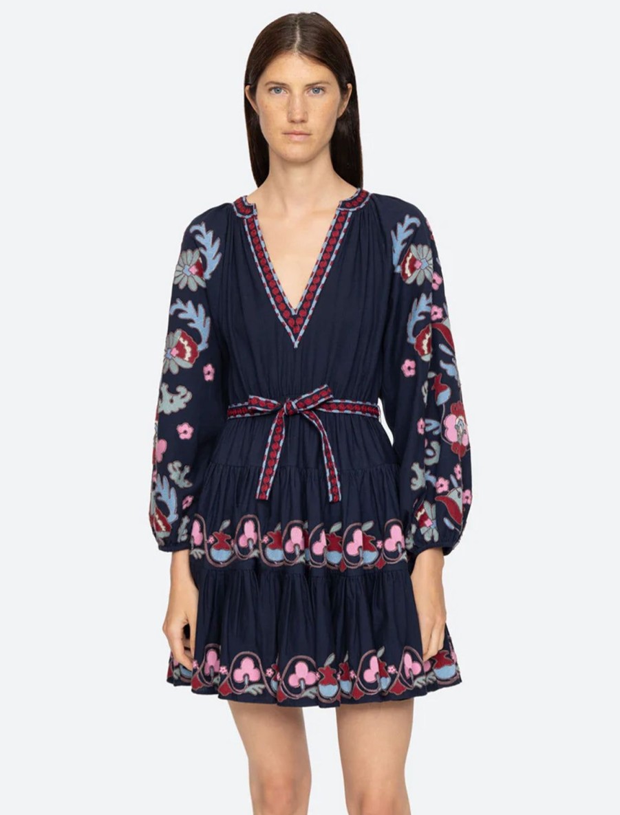 Clearance Eclisse Embroidery Tunic Dress In Navy Printed Dresses