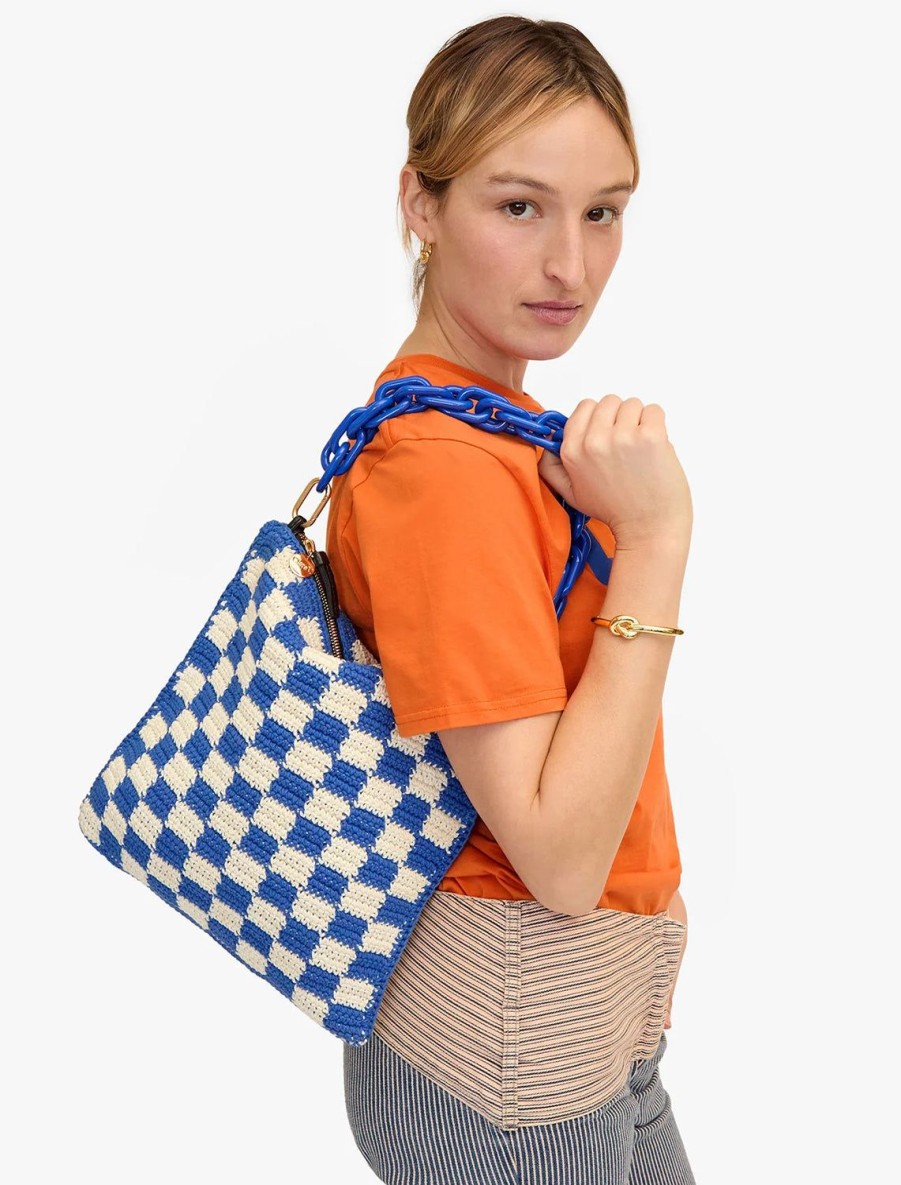 Online Foldover Clutch With Tabs In Cobalt And Cream Crochet Checker Shoulder Bags