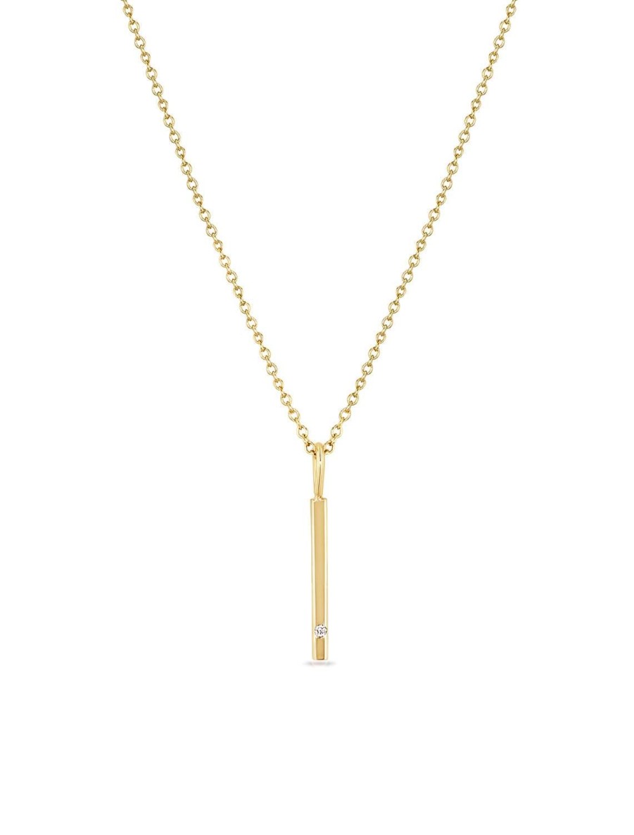 Clearance 14K Single Diamond Vertical Bar Pendant Necklace Delicate