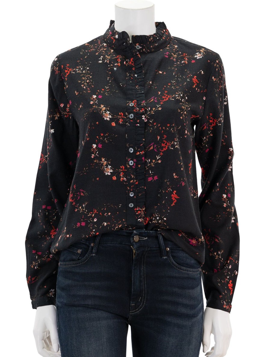 New Ruffle Button Down Blouse In Black Floral Print Buttondowns + Shirts