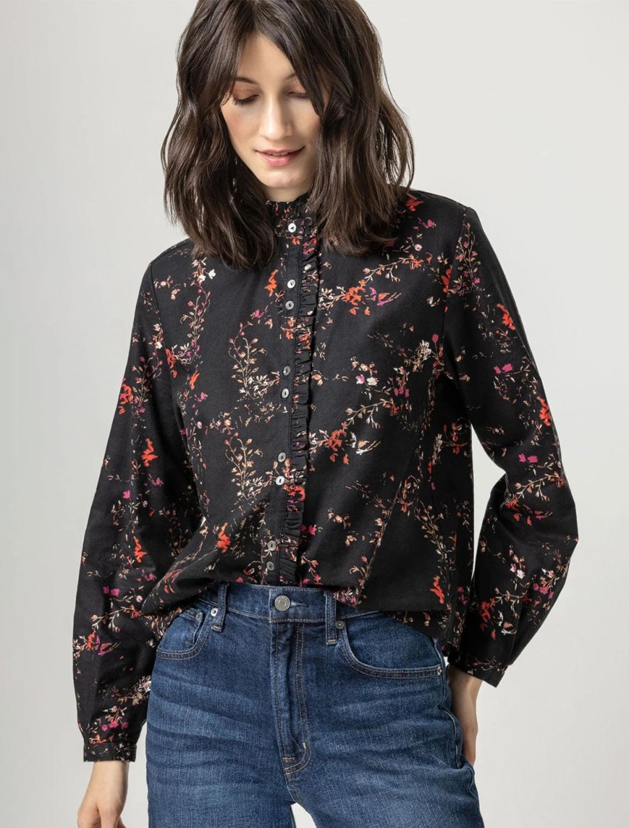 New Ruffle Button Down Blouse In Black Floral Print Buttondowns + Shirts