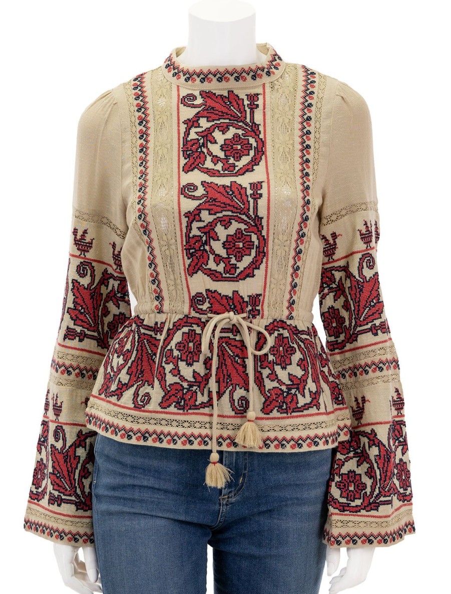 New Beena Embroidery Long Sleeve Top In Taupe Blouses