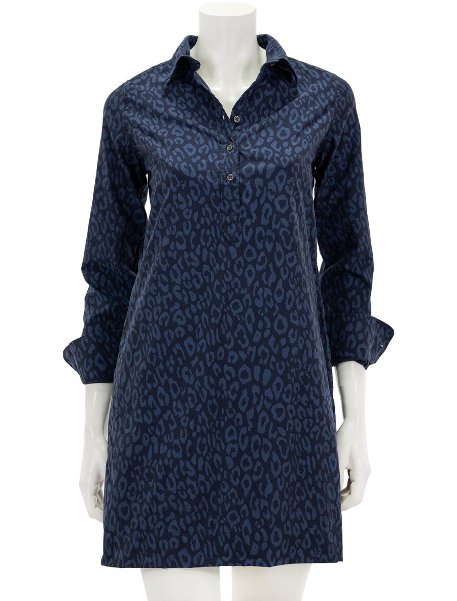 Best Long Sleeve Popover Dress In Blue And Navy Leopard Printed Dresses