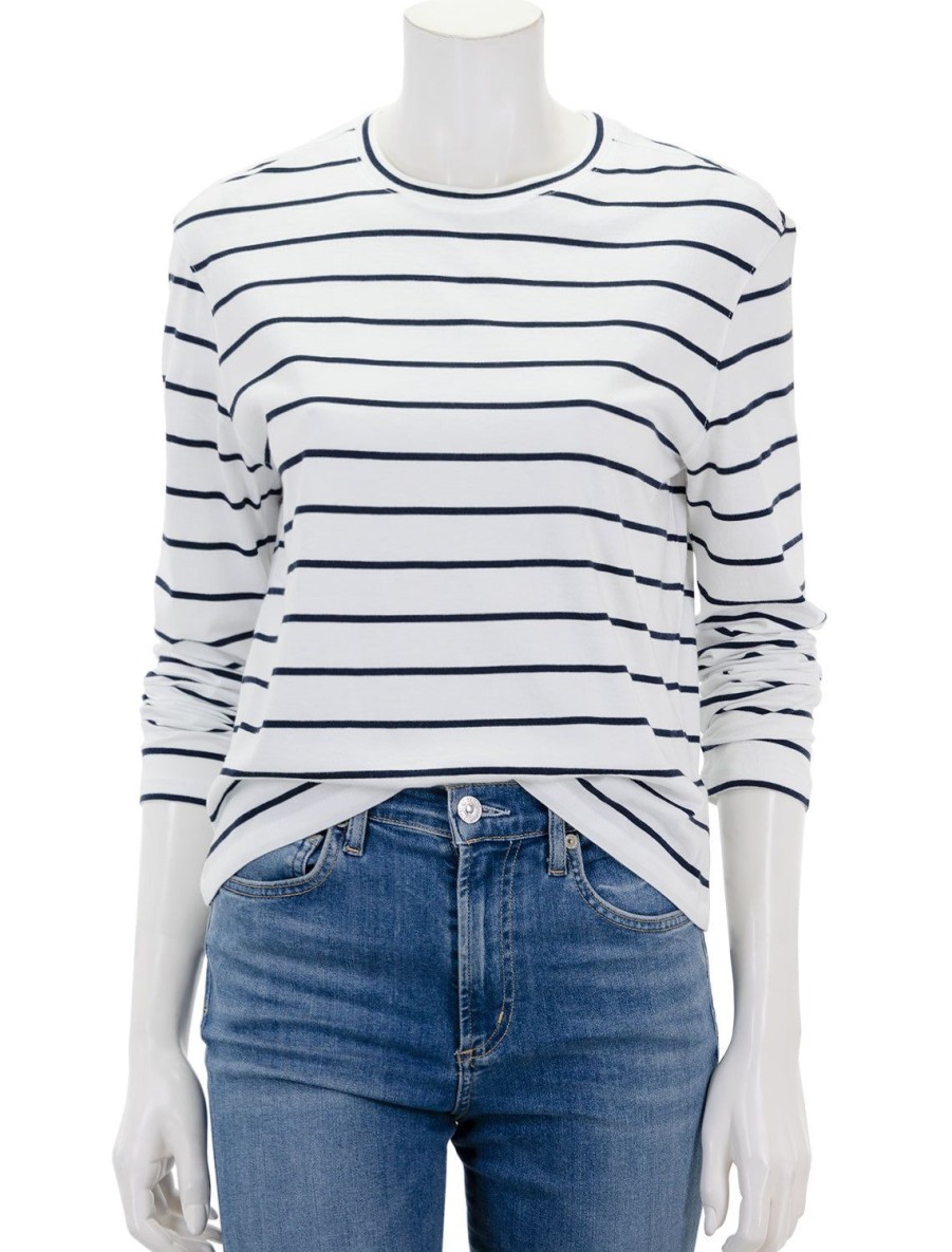 Clearance Long Sleeve Organic Cotton Stripe Boyfriend Crew In White Lounge Tops + Sweatshirts