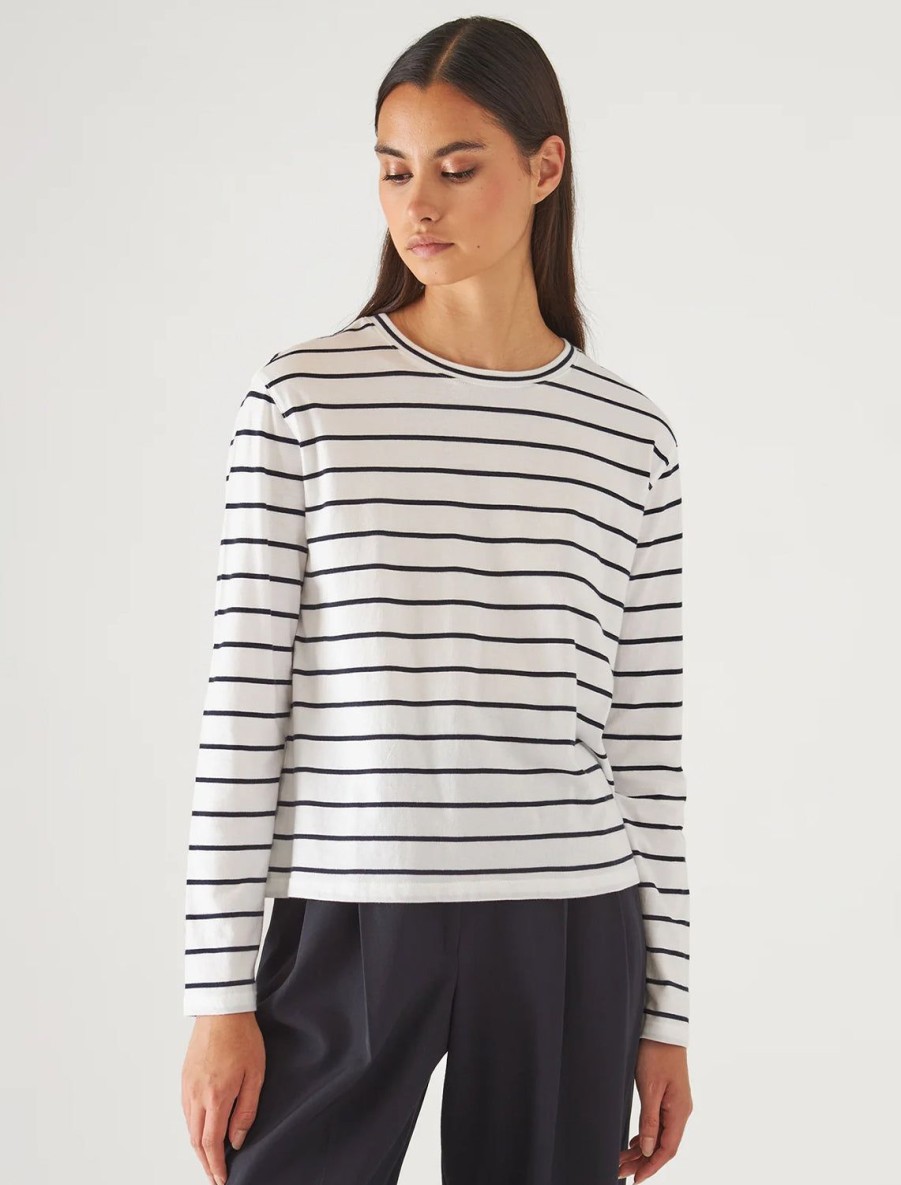 Clearance Long Sleeve Organic Cotton Stripe Boyfriend Crew In White Lounge Tops + Sweatshirts