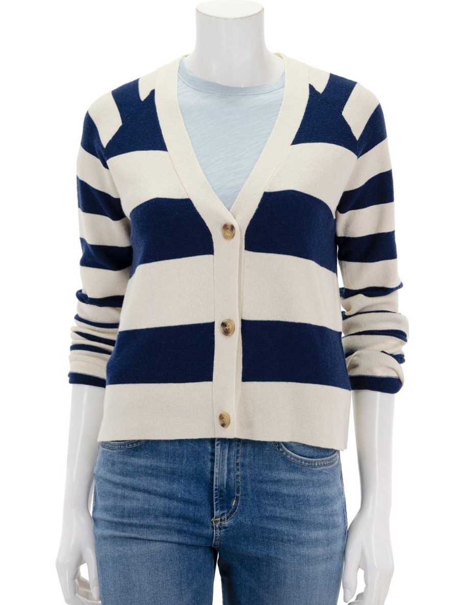 Clearance Cotton And Merino Stripe Cardigan In Chalk And Ink Cardigans