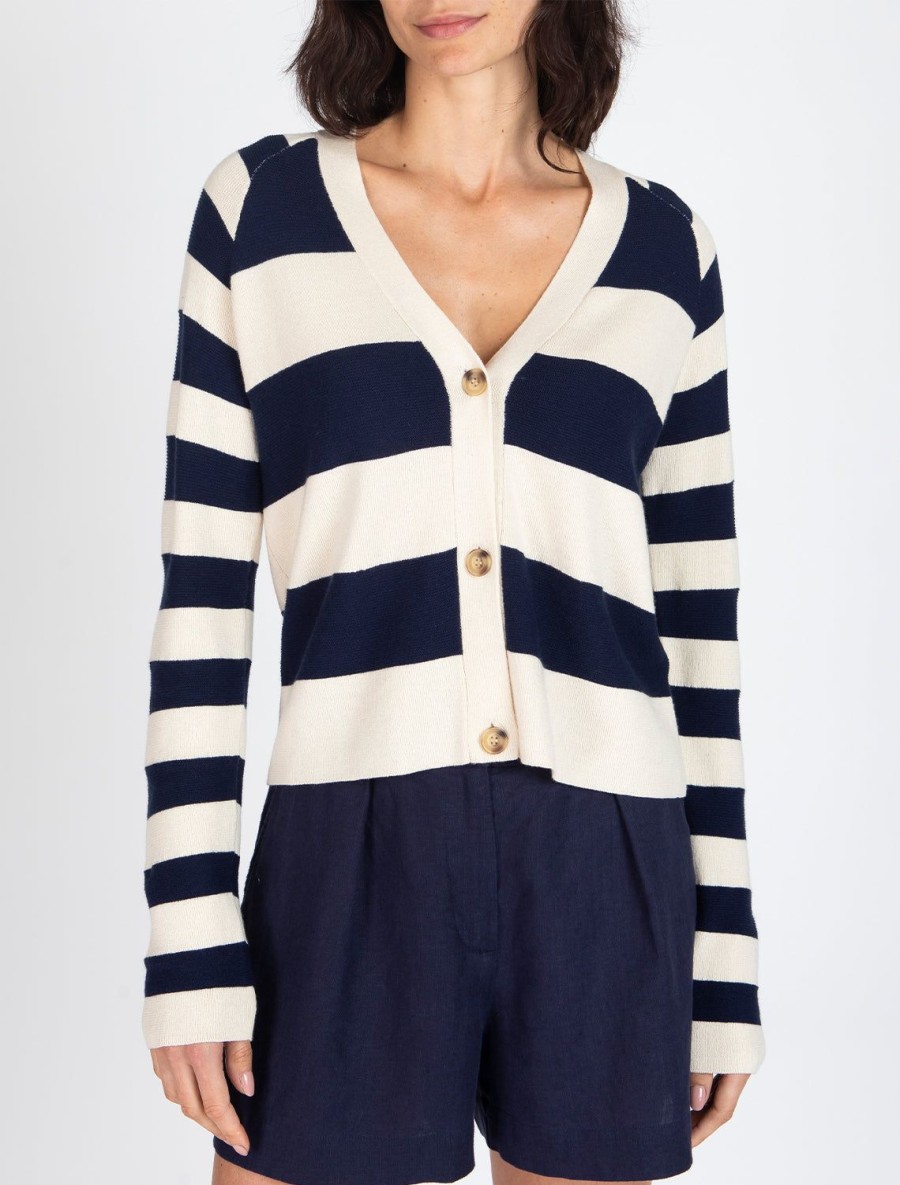 Clearance Cotton And Merino Stripe Cardigan In Chalk And Ink Cardigans